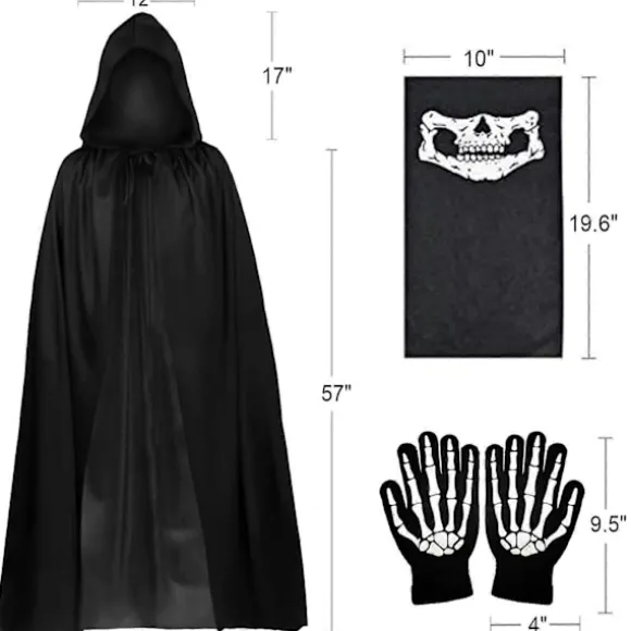 Grim Reaper Halloween Kostumer, Hætteklædt Kappe Fløjl Sort Kappe med Le, Kranie Maske, Skelet Handsker Grim Reaper Fest Kostumer til Voksne