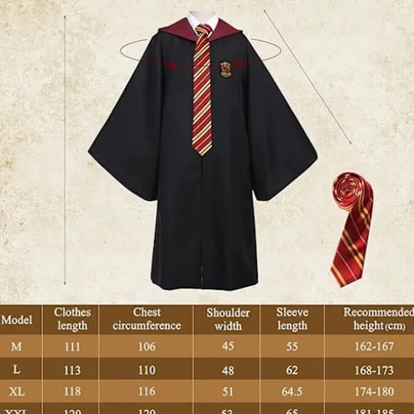 Gryffindor Troldmandskåbe Gryffindor Uniformskåbe, Frakke og Slips, Troldmandskostume til Voksne, Halloween Cosplay (XL)