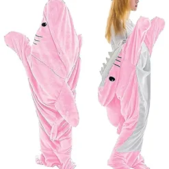 Hajdragt til voksne - Bærbar hajdragt Superblød hyggelig flannelhættetrøje - Haj Onesie Dragt Hajdragt Hættetrøje - Pink/blå_MGF