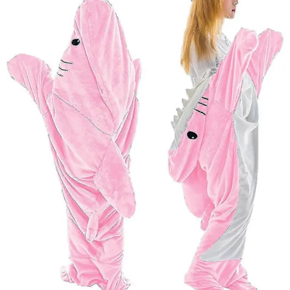 Hajdragt til voksne - Bærbar hajdragt Superblød hyggelig flannelhættetrøje - Haj Onesie Dragt Hajdragt Hættetrøje - Pink/blå_MGF