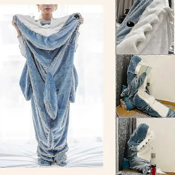 Hajdragt til voksne - Bærbar hajdragt Superblød hyggelig flannelhættetrøje - Haj Onesie Dragt Hajdragt Hættetrøje - Pink/blå_MGF