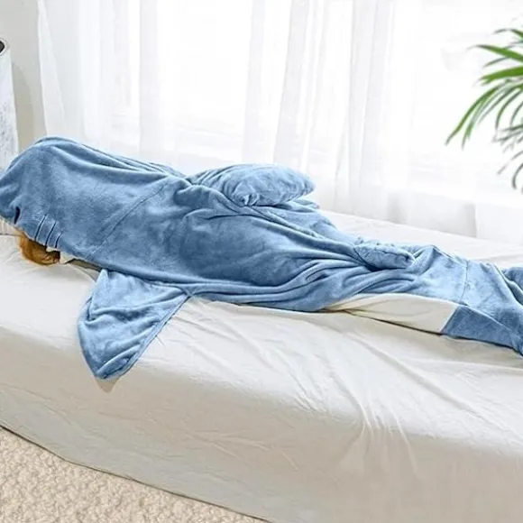 Haj-tæppe-hættetrøje onesie til voksne og børn, hyggelig flanel haj-kostume haj-sovepose *H