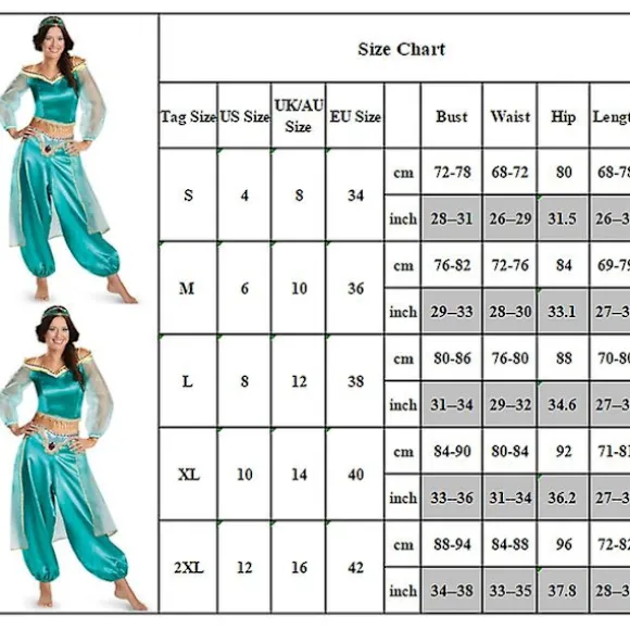 Halloween Aladdin Jasmine Prinsesse Fancy Kjole Karneval Cosplay Kostume S til Kvinder Blue Green M