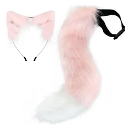 Halloween COS Simuleret Ræv Plys Svans Kostume Tilbehør Dyresvans Katteøre Hår Sløjfe Hovedbeklædning pink