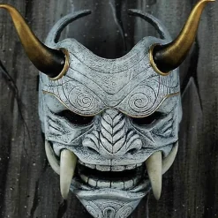 Halloween Cosplay Samurai Oni Maske Latex Hovedbeklædning Maskerade Maske Grå