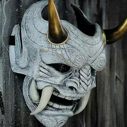 Halloween Cosplay Samurai Oni Maske Latex Hovedbeklædning Maskerade Maske Grå
