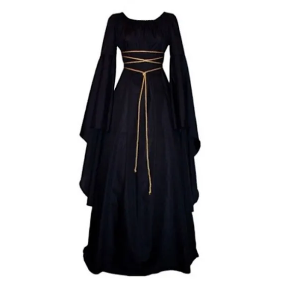 Halloween Dame Middelalder Lang Maxi Kjole Heks Cosplay Tøj Julekostume Heksekjole Sort L Black