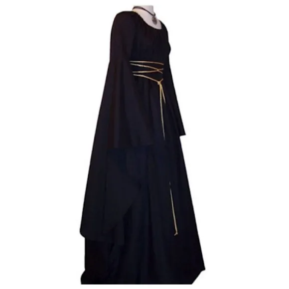 Halloween Dame Middelalder Lang Maxi Kjole Heks Cosplay Tøj Julekostume Heksekjole Sort L Black