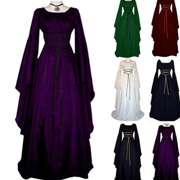 Halloween Dame Middelalder Lang Maxi Kjole Heks Cosplay Tøj Julekostume Heksekjole Sort L Black