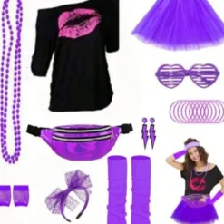 Halloween Glow Party Sæt med Neon Halskæde, Silikone Armbånd, Nederdel og Laser Sport Taljetaske Purple 2 XXXL
