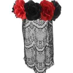 Halloween Gotisk Blomsterkrans med Sort Slør Hårbånd Cosplay Bryllup Hovedbeklædning Kostume Hovedbeklædning Tilbehør Red/Short