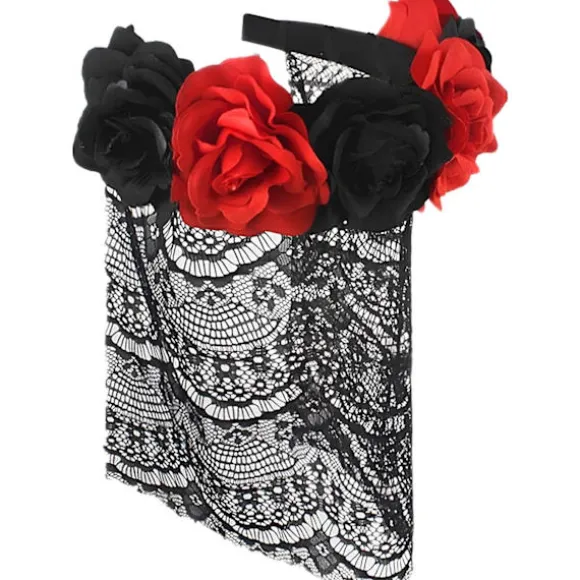 Halloween Gotisk Blomsterkrans med Sort Slør Hårbånd Cosplay Bryllup Hovedbeklædning Kostume Hovedbeklædning Tilbehør Red/Short