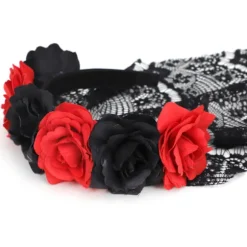 Halloween Gotisk Blomsterkrans med Sort Slør Hårbånd Cosplay Bryllup Hovedbeklædning Kostume Hovedbeklædning Tilbehør Red/Short