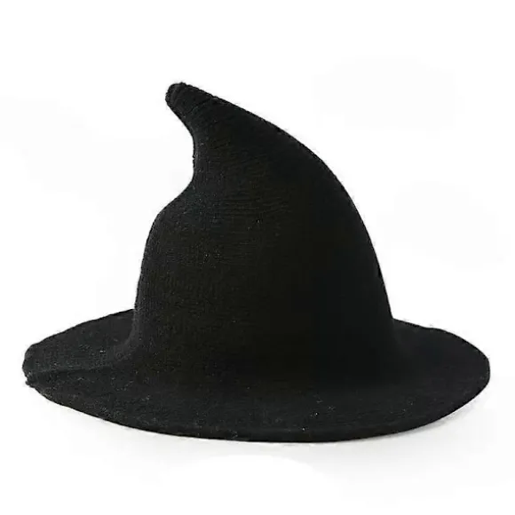Halloween Heks Hat Troldmandshat Kvinder Bred Skygge Spir Sort Uld Strikket Hue Karneval Party Cosplay