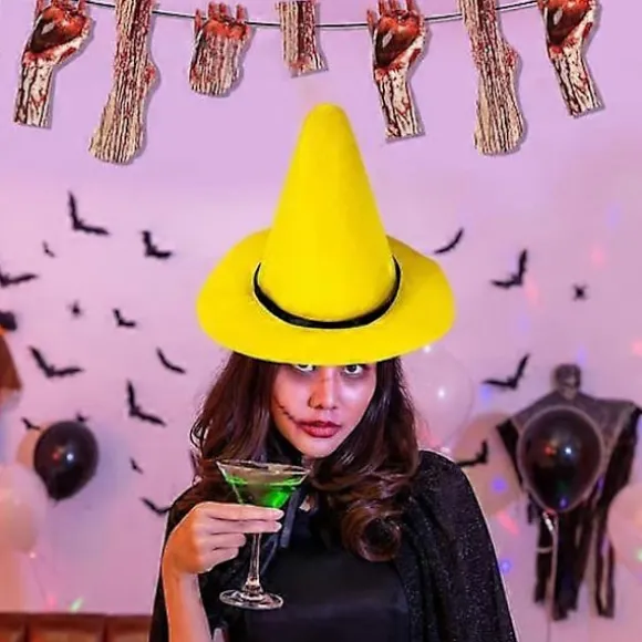 Halloween Heksehat - Spids Gul Filt Troldmandshat med Stor Skygge, Cosplay Udklædningstilbehør L