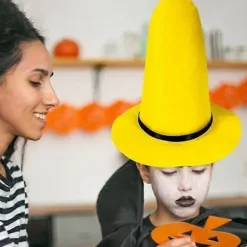 Halloween Heksehat - Spids Gul Filt Troldmandshat med Stor Skygge, Cosplay Udklædningstilbehør L