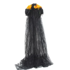 Halloween Hårbøjle til Kvinder Sort Slør Blonde Hårbøjle Blomster Catrina Party Hovedbeklædning Spøgelsesbrud Dekorationer (Sort + Gul)