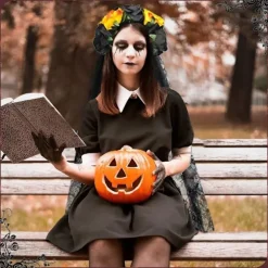 Halloween Hårbøjle til Kvinder Sort Slør Blonde Hårbøjle Blomster Catrina Party Hovedbeklædning Spøgelsesbrud Dekorationer (Sort + Gul)