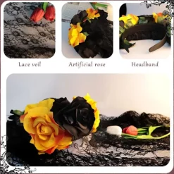Halloween Hårbøjle til Kvinder Sort Slør Blonde Hårbøjle Blomster Catrina Party Hovedbeklædning Spøgelsesbrud Dekorationer (Sort + Gul)