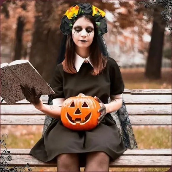 Halloween Hårbånd til Kvinder Sort Slør Blondehårbånd Blomster Catrina Party Hovedbeklædning Spøgelsesbrud Dekorationer (Sort + Gul)
