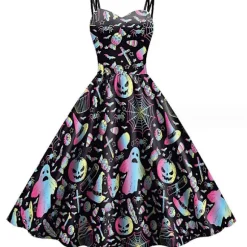 Halloween kjole Dame V-hals Print Kjole Vintage Sløjfe Bælte Cocktail Kjole Fall Baggy Midi kjoler COLOR 1 S