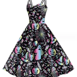 Halloween kjole Dame V-hals Print Kjole Vintage Sløjfe Bælte Cocktail Kjole Fall Baggy Midi kjoler COLOR 1 S