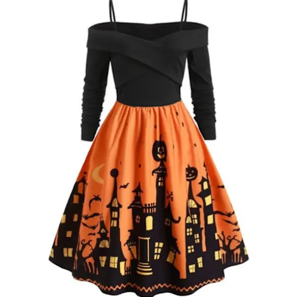 Halloween kjole med printet festkjole til kvinder orange XXL