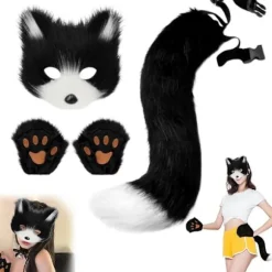 Halloween maskesæt med kat, ræv og ulv, pels kostume, rævekostume, cosplay kostume, Halloween, rævehale cosplay, Halloween rævemaske{azc}