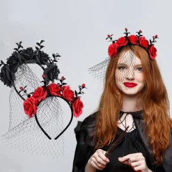 Halloween Rose Blomster Hovedbøjle med Slør til Kvinder Festlig Party Cosplay Kostume Hovedbeklædning Rød Red