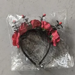 Halloween Rose Blomster Hovedbøjle med Slør til Kvinder Festlig Party Cosplay Kostume Hovedbeklædning Rød Red