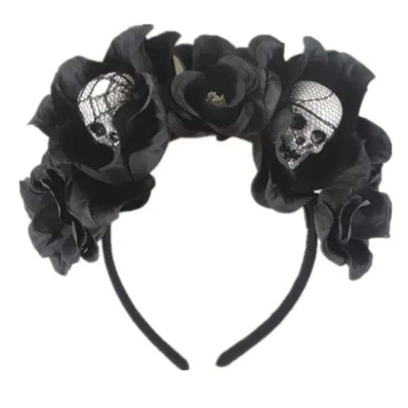 Halloween Rose Slør Hovedbånd Skalle Hårbånd Sort Blomst Krans Dødedag Hovedbeklædning Gothic Kostume Tilbehør (2-Skalle Hovedbånd)