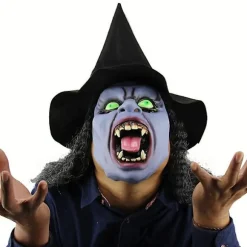 Halloween Skræmmende Hekse Cosplay Maske Med Sort Langt Hår & Hat, Horror Gammel Kvinde Ond Maske Kostume Uhryggelige Grønne Øjne Kælling Fuld Ansigt Latex Maske Fest Pro | Fyndiq