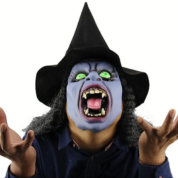 Halloween Skræmmende Hekse Cosplay Maske Med Sort Langt Hår & Hat, Horror Gammel Kvinde Ond Maske Kostume Uhryggelige Grønne Øjne Kælling Fuld Ansigt Latex Maske Fest Pro | Fyndiq
