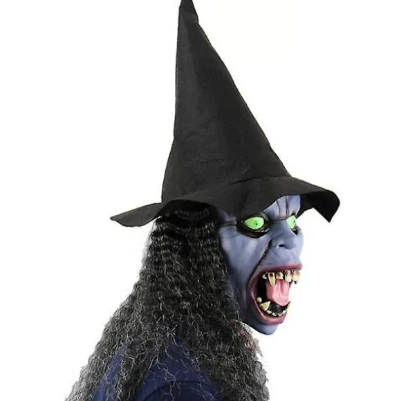 Halloween Skræmmende Hekse Cosplay Maske Med Sort Langt Hår & Hat, Horror Gammel Kvinde Ond Maske Kostume Uhryggelige Grønne Øjne Kælling Fuld Ansigt Latex Maske Fest Pro | Fyndiq