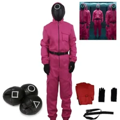 Halloween Squid Game Rollespils Bodysuit Cosplay Kostumesæt - HZ Rose Red + Rund Maske Rose Red + Rund Maske rose red + round mask 140cm