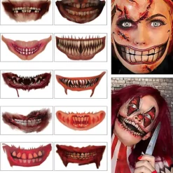 Halloween Tattoo Klistermærker 10STK Klovn Horror Mund Tattoo Klistermærker Decal, Halloween Midlertidige Tatoveringer Ansigt Krop Makeup til Halloween Dekorationer XS(160-165CM) | Fyndiq