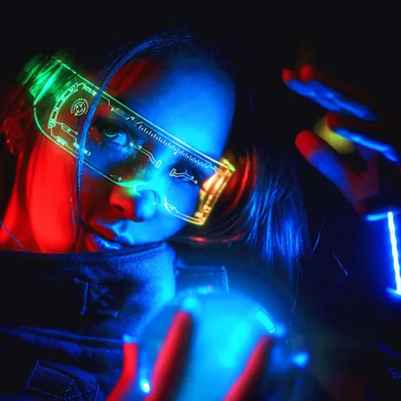 Halloween Udstyr, Lysende Briller, Farverige LED Cool Sci-fi Rekvisitter, Trendy Briller, Fremtidsteknologi (1 Pakke, Blå)