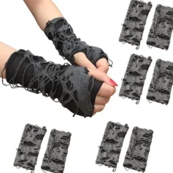 Halloweenhandsker fingerløse - 5 par spindelvævskantshandsker sorte - 28x8cm - Festtilbehør