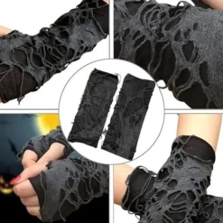 Halloweenhandsker fingerløse - 5 par spindelvævskantshandsker sorte - 28x8cm - Festtilbehør