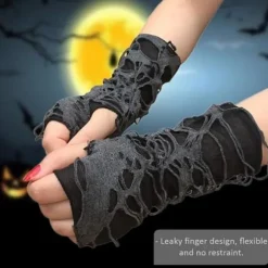 Halloweenhandsker fingerløse - 5 par spindelvævskantshandsker sorte - 28x8cm - Festtilbehør