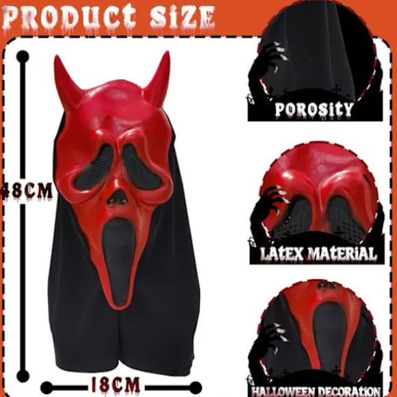 Halloweenmaske – Scream Maske – Skrigende Maske med Horn – Spøgelseshus & Maskerade – Halloween Gyser Scream Maske – Latex Materiale – 48x18 cm