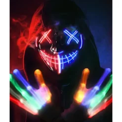 Halloween-maske og skelet-handsker sæt, 3 tilstande LED-belysning skræmmende maske med LED-lysende handsker