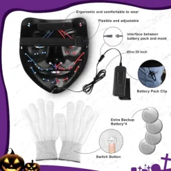 Halloween-maske og skelet-handsker sæt, 3 tilstande LED-belysning skræmmende maske med LED-lysende handsker