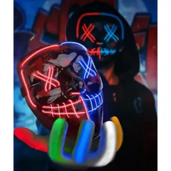 Halloween-maske og skelet-handsker sæt, 3 tilstande LED-belysning skræmmende maske med LED-lysende handsker