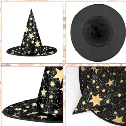 Heksehat Børn, 34x37cm Femtakket Stjerne Heksehat til Børnekostume & Cosplay Halloween Heksehat Halloween Fest Gårdsdekoration Black
