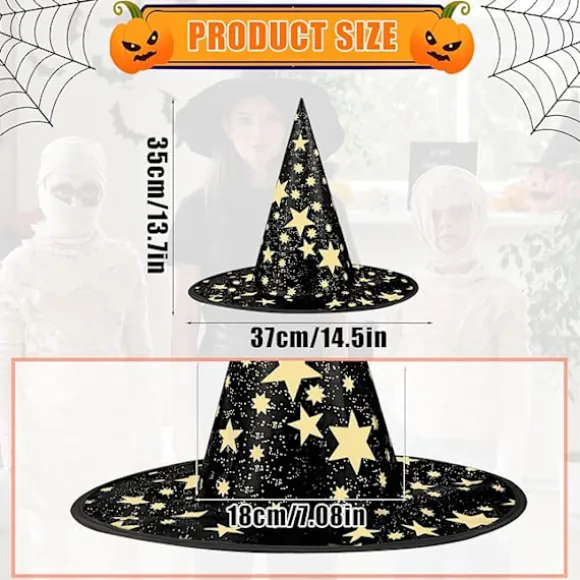 Heksehat Børn, 34x37cm Femtakket Stjerne Heksehat til Børnekostume & Cosplay Halloween Heksehat Halloween Fest Gårdsdekoration Black
