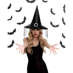 Heksehat til kvinder, blonde mesh, elegant kostume, troldmandskostume tilbehør til cosplayfester Black Lace