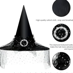 Heksehat til kvinder, blonde mesh, elegant kostume, troldmandskostume tilbehør til cosplayfester Black Lace