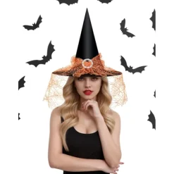 Heksehat til Kvinder, Mesh Blonder Fancy Dress Troldmand Kostume Tilbehør til Cosplay Fester Orange Lace