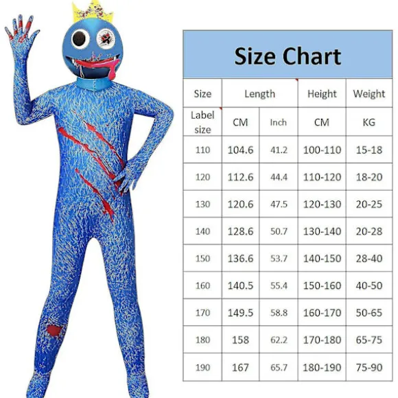 Helt regnbuevenner kostume til børn voksne blå monster Wiki Cosplay Horror spil Halloween jumpsuit festtøj med hovedbeklædning -a Style A Size 130